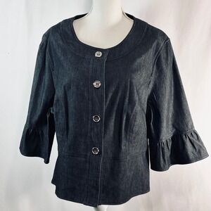Sandro Sportswear Womens Dark Wash Denim Ruffle Sleeve Peplum Jacket 1X